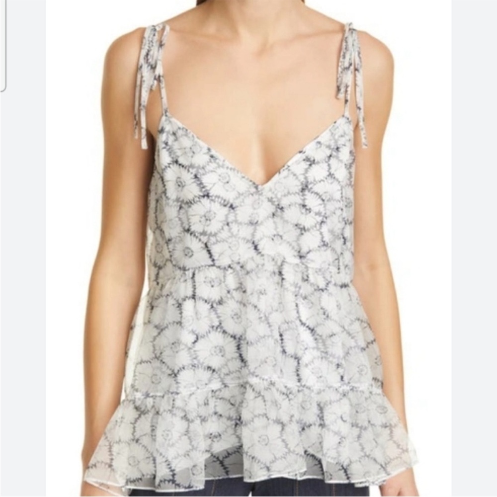 Cinq À Sept Esther Floral Ruffle Hem Sleeveless Silk Top Ivory/navy Size Medium - Picture 3 of 12